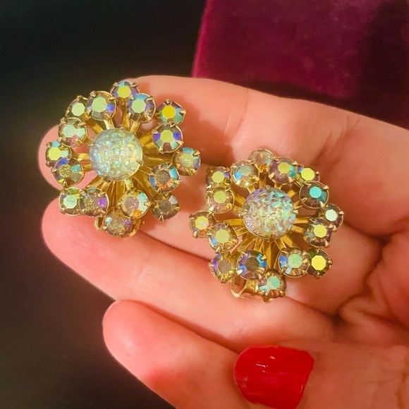 Gold and Aurora Borealis Rhinestone Starburst Clip Earrings - Picture 5 of 13